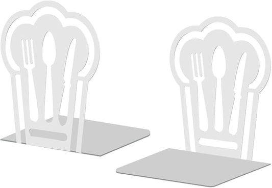 Peacoblue Metal Bookends for Shelves, Modern Decorative Heavy Duty Study Book Support Stoppers for Office, Desk, Shelf, Room 5.3"x4.3"x6.1" Cast Iron Simple White Book Ends, 1 Pair (Chef Hat)