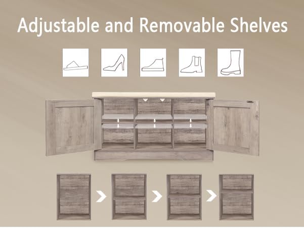 DINZI LVJ Shoe Bench, Entryway Storage Bench with Doors, Cushion, 2-Tier Shoe Rack with 6-Cubby, 31.5”L x 13.8”W Shoe Organizer Cabinet, Adjustable Shelf, Living Room, Bedroom, Greige