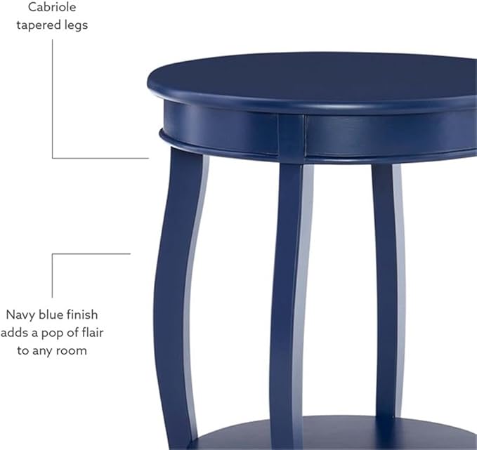 BOWERY HILL Modern Round Wood Accent Side Table, Navy Blue Finish, 18 in x 18 in x 24 in, MDF Construction, Bottom Shelf Storage, Cabriole Tapered Legs, Functional Nightstand or Living Room Table