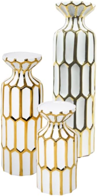 3pc Ceramic Candle Holder, 7.75" /10.75"/ 13.75" White/Gold (White/Gold)