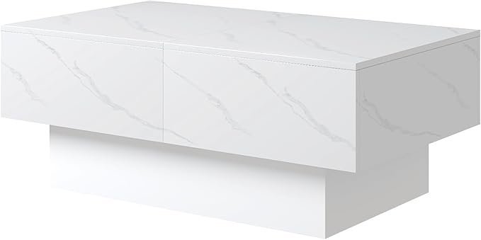 White Marble Modern Coffee Table with Hidden Storage for Living Room, Living Room Table Rectangular Center Tables Sliding Top with LED Lights, Wooden Cocktail Table for Reception Room