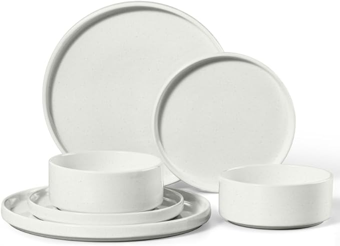 E-far 6-Piece Stoneware Dinnerware Sets, Plates and Bowls Set for 2, Kitchen Modern Dishes Set for Everyday & Formal, Chip and Scratch Resistant, Microwave & Dishwasher Safe, Speckled White