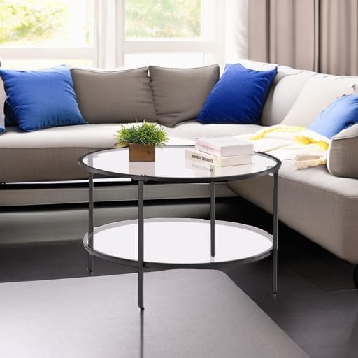 VINGLI Glass Coffee Table,30" Round Coffee Table Black Coffee Tables for Living Room, 2-Tier Clear Glass Top Side Table with Storage. Simple & Modern Center Table Mesa de Centro para Sala