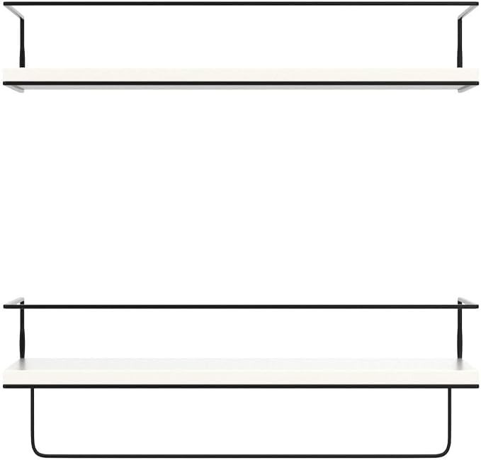 Shario White Floating Shelves - Set of 2, Wall Mounted Hanging Shelves with Black Towel Rack, Decorative Storage Shelves for Bathroom, Kitchen, Living Room & Bedroom (Modern White, 15.7 Inches)