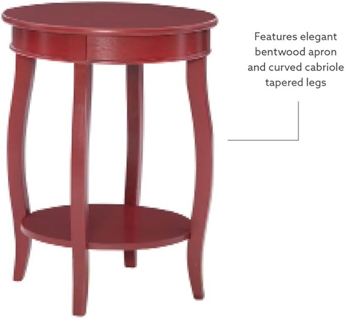 BOWERY HILL Round Wood End Table with Shelf, Red Finish, 18.5" w x 18.5" d x 24" h, MDF and Pine Wood, Durable Accent Table with Cabriole Tapered Legs for Living Room or Bedroom