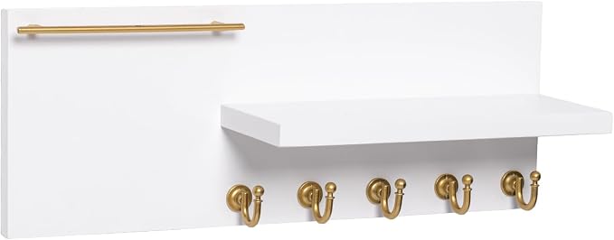 SANY DAYO HOME Real Wood Key Holder Rack Wall Mount 16 x 6 inches White and Gold Entryway Shelf with 5 Hooks, Metal Sunglass Bar, and Floating Board for Keychain, Purse