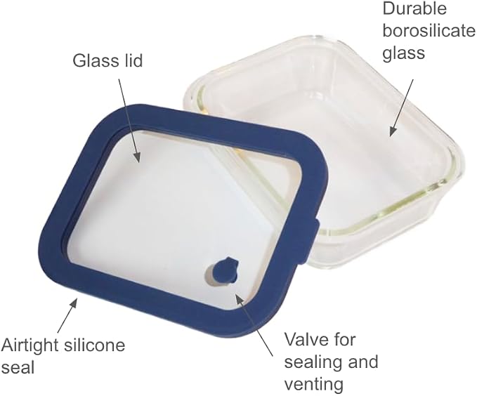 Sio GLASS storage containers with GLASS lids, NO PLASTIC, Set of 3, Airtight Small Medium Large for Food Meal Prep, Silcone Bowl Container (Blue)