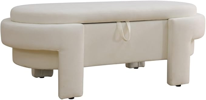 Storage Ottoman Bench 48 Inch Printed Fabric Upholstered Storage Bench for Bedroom End of Bed Large Oval Storage Ottoman for Living Room Entryway, Aesthetic (Off-White)