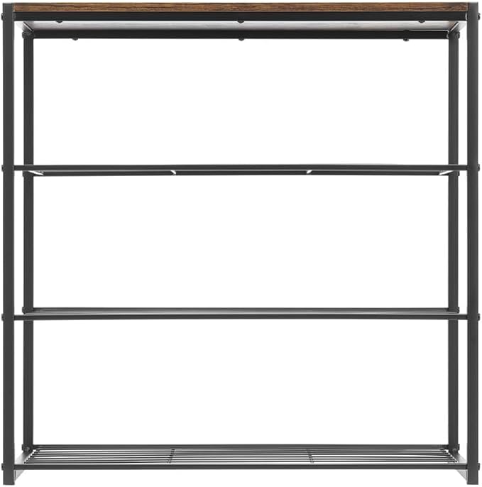 Whitmor Modern Industrial 4-Tier Shelf with Woodgrain Top, Entryway Storage Organizer for Shoes, Books & Decor, Freestanding Metal Shelving Unit for Bedroom, Living Room, Kitchen, Easy Assembly.