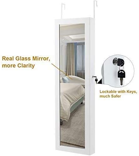 GOFLAME Jewelry Armoire Mirror Cabinet Door/Wall Mount Lockable W/LED lights Two Drawers Length Mirror Jewelry Storage Organizer White (White)
