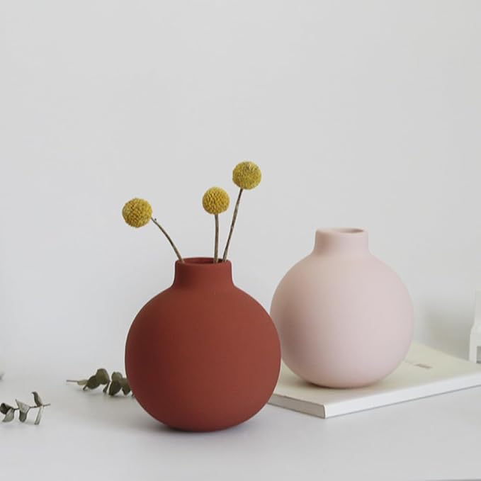 Ceramic Small Vase, 5.5"" Minimalist Spherical Flower Vase for Rustic Modern Farmhouse Living Room Bathroom Shelf, Table Centerpiece Decorations, Garnet