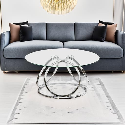 O&K FURNITURE Silver Coffee Table, Modern Glass Coffee Table Living Room Table with Ring-Shaped Frames, Glass Coffee Table for Home&Office, Chrome Finish, 1 PC | Modern, Living Room Table, Glass Coffee Table, Home&Office, 1 PC