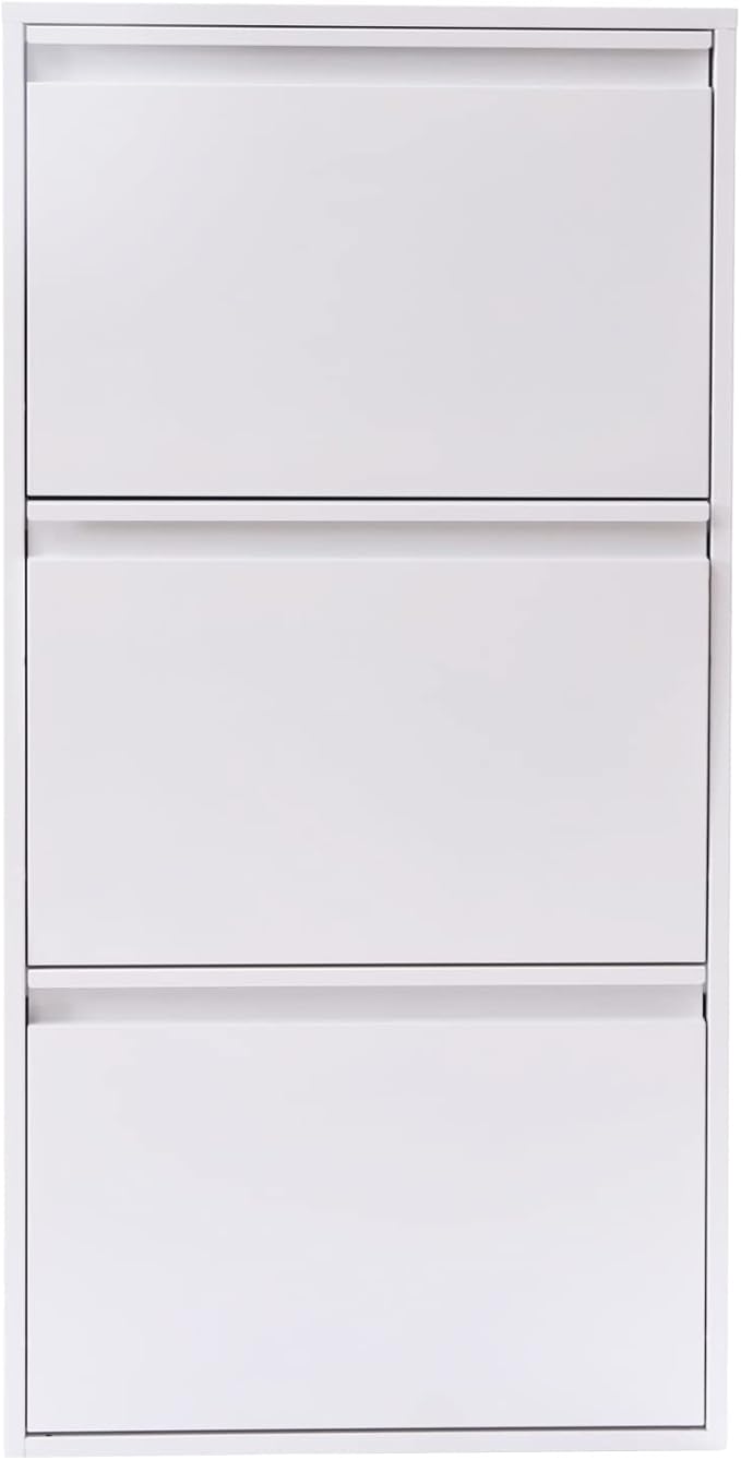 Hidden Shoe Cabinet White Metal Slim Shoe Cabinet Storage with 3 Flip Drawers Modern Entryway Wall Mount Narrow Shoe Rack for Living Room, Bedroom, Hallway