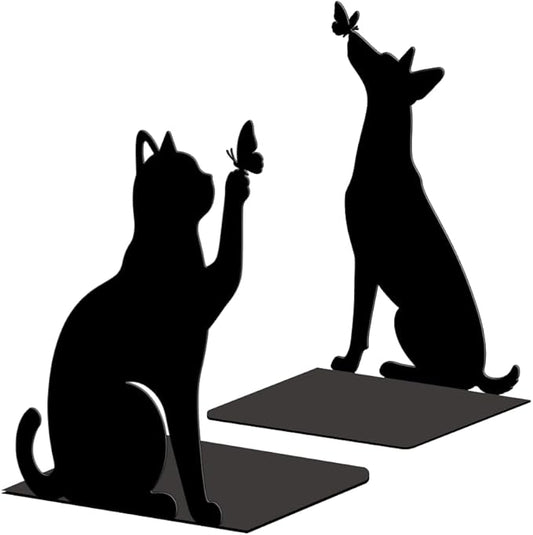 Peacoblue Metal Bookends for Shelves, Modern Decorative Heavy Duty Study Book Ends Stoppers for Office, Desk, Shelf, Room 5.3"x4.3"x7.9" Cast Iron Simple Tall Bookends 1 Pair (Cat and Dog)
