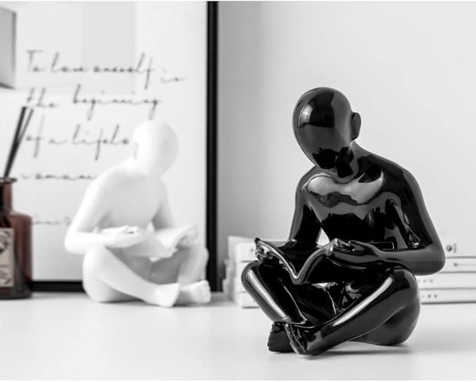 Porcelain Reading Bookends, Black and White Decorative Reading Books Statue and Sculpture, Modern Reading Figures Bookends for Home Office Table Desk Bookshelves Decor, 1Pair