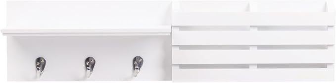 Kiera Grace Sydney Floating Shelf, Modern Wall Mounted Shelf with 3 Metal Hooks and Mail Holder for Home, Office, 24", White, 1Pack