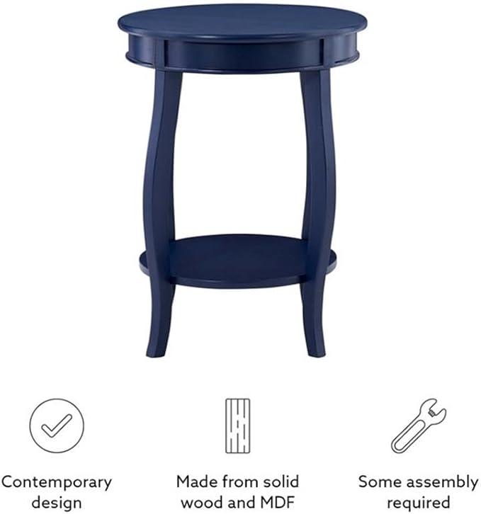 BOWERY HILL Modern Round Wood Accent Side Table, Navy Blue Finish, 18 in x 18 in x 24 in, MDF Construction, Bottom Shelf Storage, Cabriole Tapered Legs, Functional Nightstand or Living Room Table