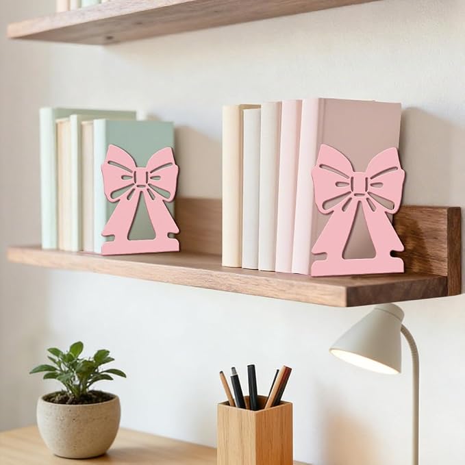 Peacoblue Metal Bookends for Shelves, Modern Decorative Heavy Duty Study Book Ends Stoppers for Office Desk Shelf, Room 5.3"x4.3"x6.1" Cast Iron Tall Bookends 1 Pair (Pink Bow)