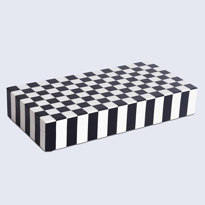 Handicrafts Home Large Decorative Storage Box with Lid, Black and White Coffee Table Storage Box, Remote Control Holder, Keepsake Storage Box for Living Room & Shelf Decor, Puzzle Check 12x6x2