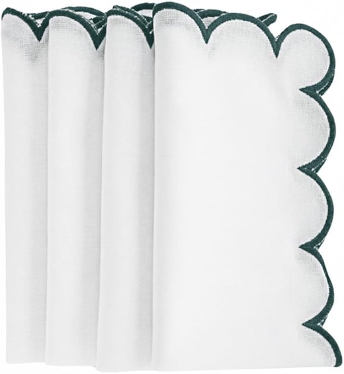 Green and White Scallop Cloth Napkins, 100% Cotton Scalloped Embroidery Dinner Napkins Set of 4, Washable Green Border Napkins for Wedding, Party & Home Décor 18x18