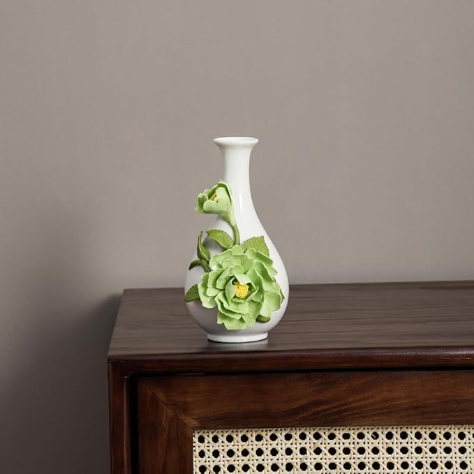Ceramic Flower Vase Home Decor,Handmade Flowers Ceramic Aesthetic Flower for Home,Living Room,Dining Table,Farmhouse,Office Decor,Bedroom,Table and Kitchen Shelf (Green, Style B)