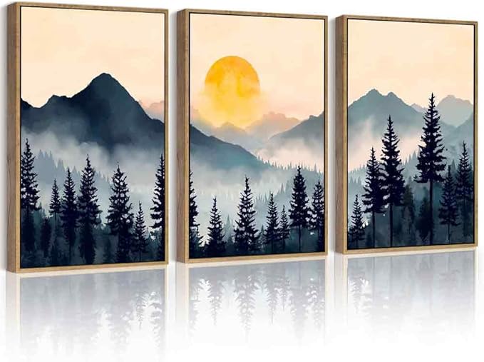 PHOPAGO Blue Fog Pine Tree Mountain Landscape Framed Wall Art Large 16x24in Retro Watercolor Nature Misty Forest Artwork Paints Sun Rise Rustic Farmhouse Home Decor - Natural Framed