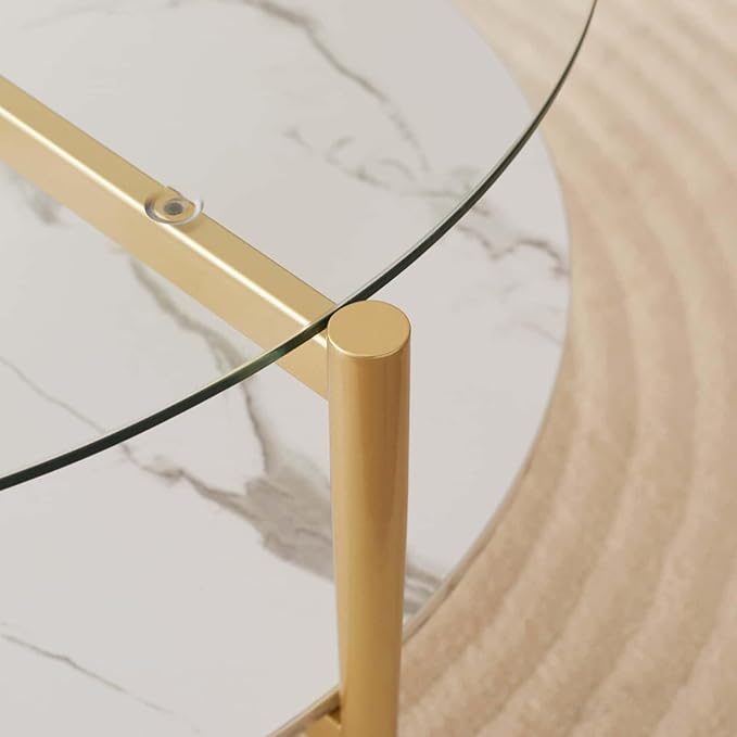LumFurn Round Coffee Table for Living Room, Mid-Century Modern Design, D30 x H17, 2-Tier Structure, Clear Glass Top and White Marble Finish Wood Shelf, Sleek Conical Metal Legs with Gold Finish Frame