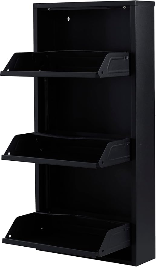 Flip Drawer Shoe Cabinet, Storage Organizer, Freestanding Shoe Rack, Wall Mounted No-Assembly (Black, 3 Drawer)