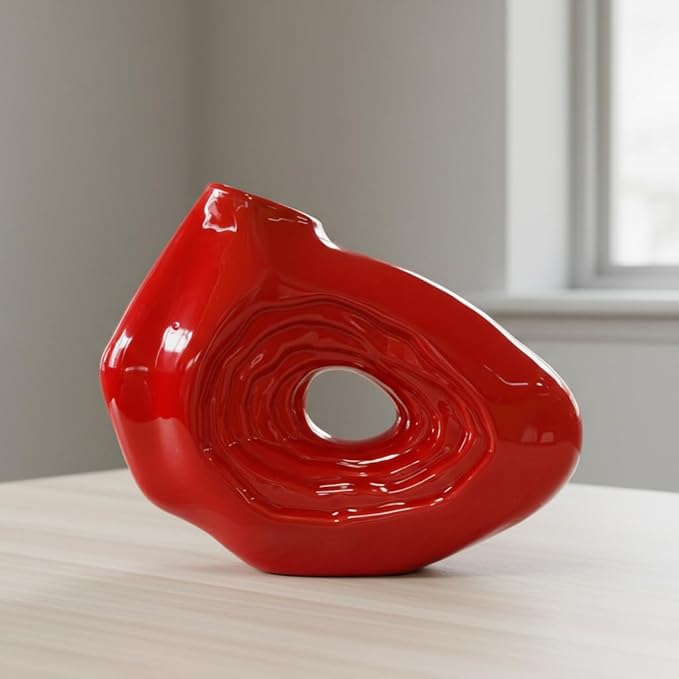 Sunddo Red Ceramic Vase, 7 Inch Small Boho Style Decorative Vases for Flowers, Donut Modern Flower Vase for Home Decor, Art Nordic Aesthetic Vases, Living Room, Desk Decor