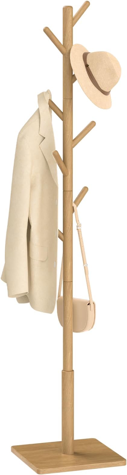 Yawinhe Coat Rack, Sturdy Wooden Coat Tree with 8 Hooks, 3 Adjustable Height for Bedroom, Hallway, Entrance, Office, 11.8 x 70.8 inches, Natural, 1-Pack, Square Base