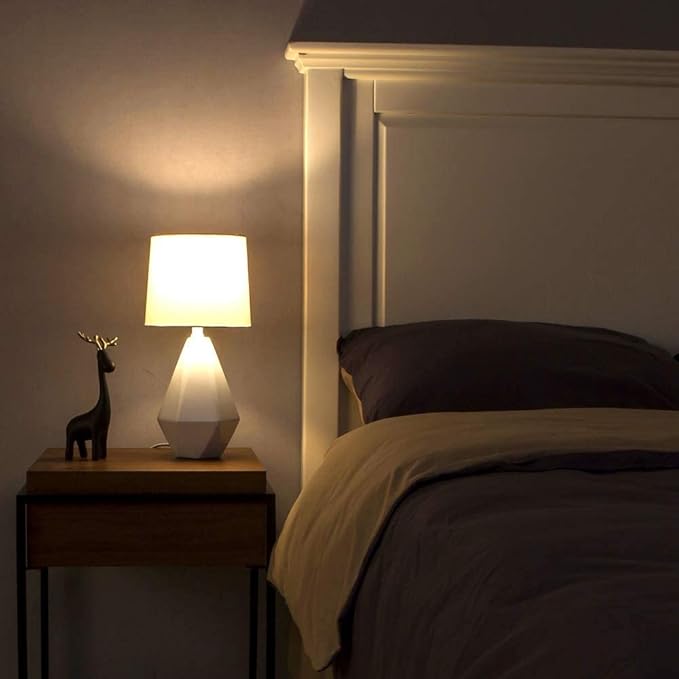SOTTAE Modern Small Ceramic Table Lamp, White Irregular Geometric Bedside Table lamp for Bedroom,Nightstand Lamps with White Fabric Shade, Small Lamp for Kitchen Living Room