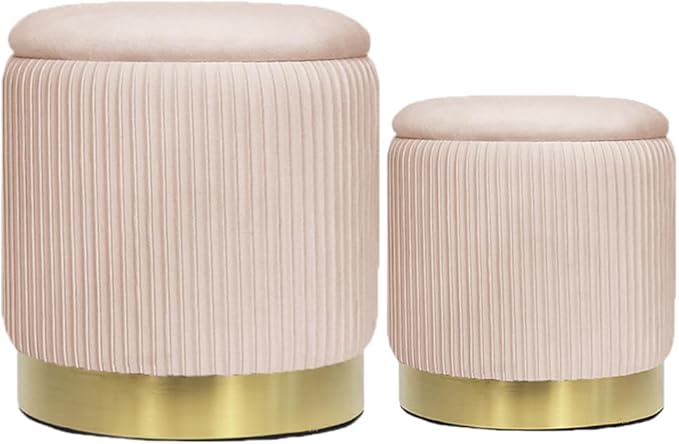 YYW HOME Pink Velvet Round Ottoman Set of 2 with Storage for Living Room Small Foot Stool Ottoman for Living Room Small Coffee Table,Vanity Stool with Storage for Bedroom Dorm