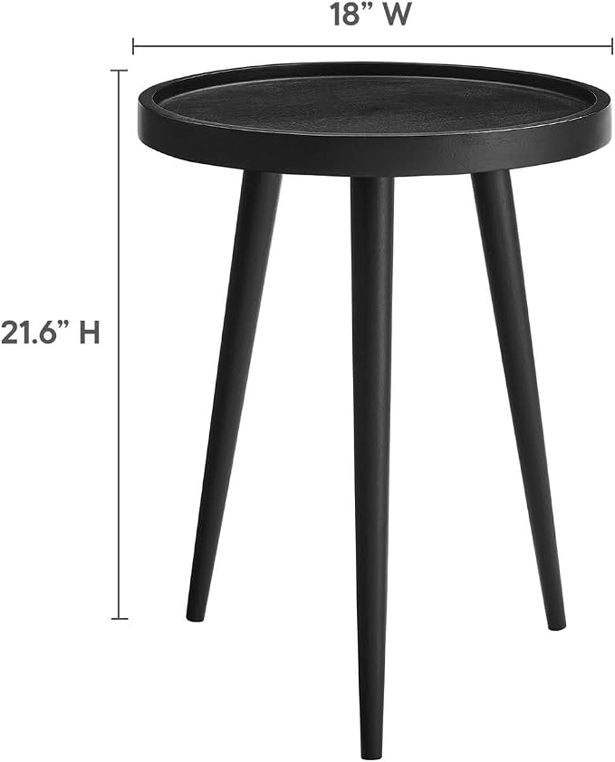 Modway Chiro Solid Wood Side Table in Black with Tray Top - Mid-Century Modern Round Accent Table - Small Bedside Table with Tapered Legs - Living Room End Table