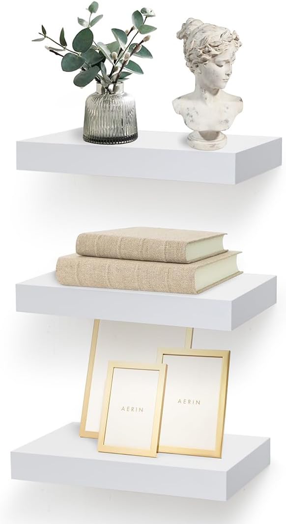 AHDECOR White Floating Shelves Set of 3 - Modern Wall Mounted Shelves for Living Room, Bedroom, Bathroom, Kitchen, Office - Space-Saving and Decorative Storage Solution