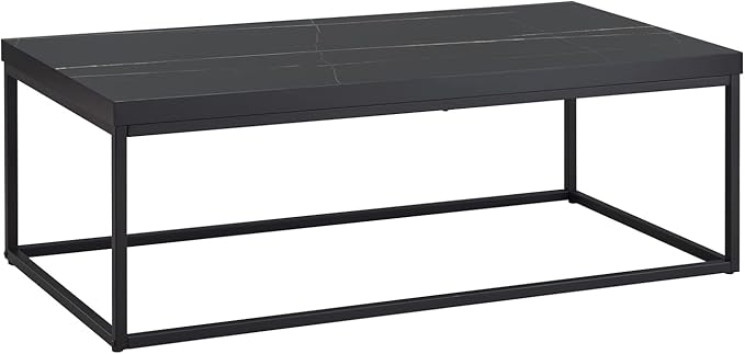 CENSI Modern Black Marble Coffee Table for Living Room - 47" Rectangular Center Table with Extra Thick 1.6" Faux Stone Top & Sturdy Metal Frame, Industrial Cocktail Table, Easy Assembly