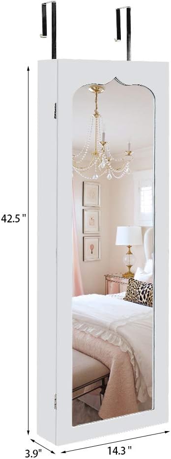 Non Full Length Mirror Jewelry Cabinet - Wooden Wall Hanging Jewelry Organizer - Wall Mounted Jewelry Mirror Cabinet - Jewelry Armoire With Mirror - 4-Layer Shelf, 6 Drawers, 8 Blue LED Lights - White