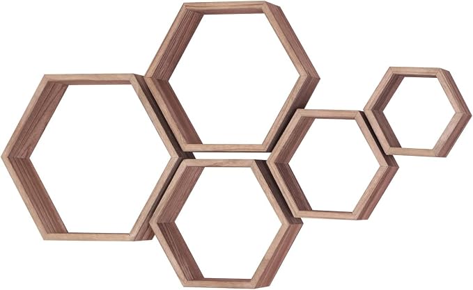 PHOENANCEE Hexagon Floating Shelves,Honeycomb Shelf Set of 5,Octagon Shelves Wall Mounted Hanging Storage Cube Wood for Bathroom Kitchen Bedroom Living Room Office Home