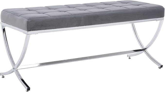 HEAH-YO Modern Dining Bench for Table, Button Tufted Ottoman Bench with Metal Legs, Upholstered Velvet Fabric Footstool for Living Room Entryway, Grey