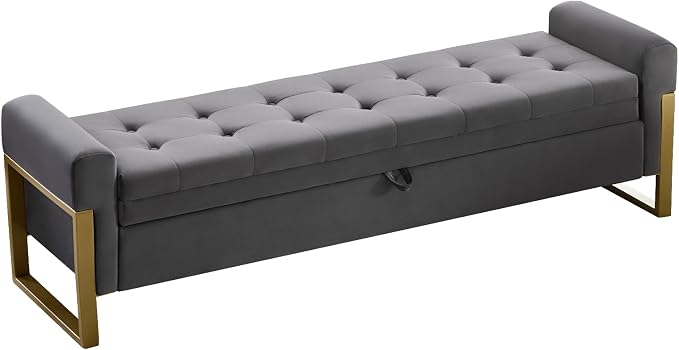 67" End of Bed Storage Bench King Size, Velvet Storage Bench for Bedroom Foot of Bed, Upholstered Storage Ottoman Bench with Gold Legs for Window Living Room Entryway, Dark Grey