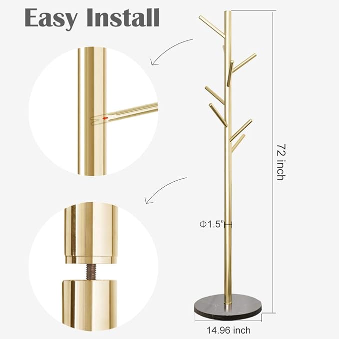 Jolitac Metal Coat Rack Stand Golden Satin Steel Finish Stable Marble Base, High-Grade with Hooks Metal Tree Hat & Coat Hanger Floor Free Standing Wall Bedroom Easy Assembly (Golden)