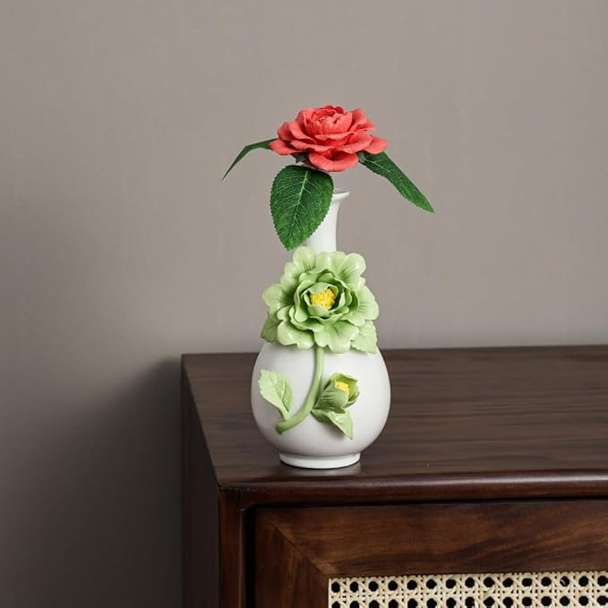 Ceramic Flower Vase Home Decor,Handmade Flowers Ceramic Aesthetic Flower for Home,Living Room,Dining Table,Farmhouse,Office Decor,Bedroom,Table and Kitchen Shelf (Green, Style A)