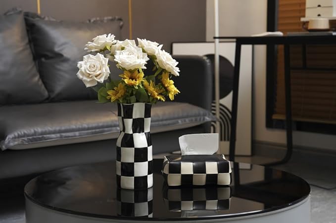 Ceramic Modern Checker Vase for Home Decor, Aesthetic Decoration for Livng Room, Bedroom, Kitchen, Minimalism Abstract Flower Vase Boho Chi, Wabi-Sabi, Hand-Pinched Pottery