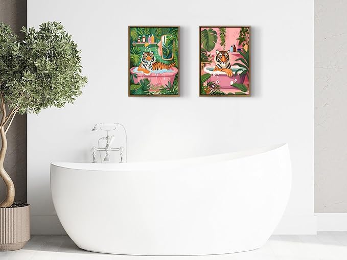 ARTZIO Framed Canvas Wall Art–Whimsical Tiger in Bathtub Jungle Bath Decor,Funny Animal Wall Art for Bathroom,Living Room & Home Office–Set of 2 (12×16″)