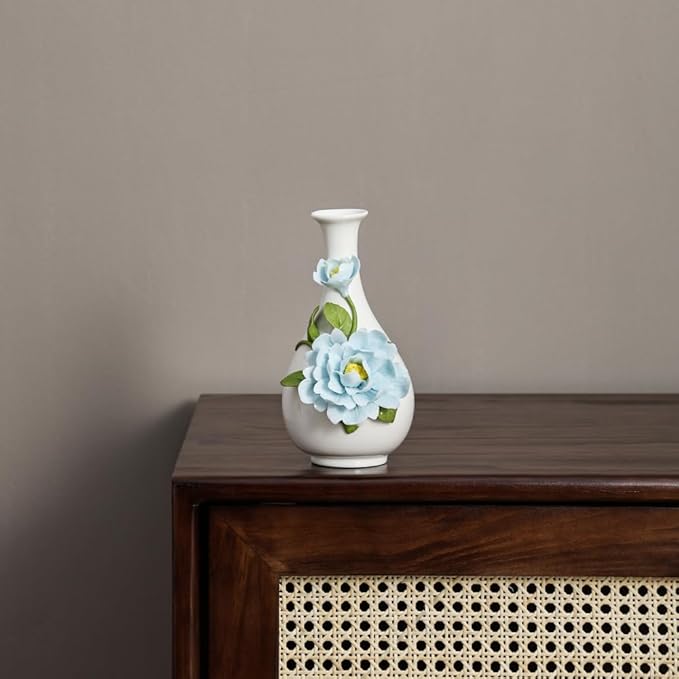 Ceramic Flower Vase Home Decor,Handmade Flowers Ceramic Aesthetic Flower for Home,Living Room,Dining Table,Farmhouse,Office Decor,Bedroom,Table and Kitchen Shelf (Blue, Style B)