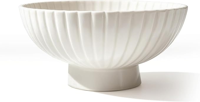 Modern 8 Inch White Ceramic Fruit Bowl - Small Footed Pedestal Fruit Bowl for Kitchen Counter, Farmhouse Chic Centerpiece for Dining Coffee Table & Home Decor,Key Ruffle Bowl for Entryway Table ﻿