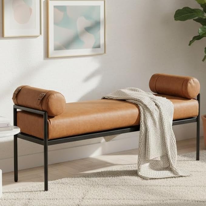 Shunzhi Brown Leather Modern End of Bed Bench Upholstered Entryway Bench with Detachable Cylindrical Pillows/Metal Legs PU Ottoman Bench for Living Room/Bedroom/Hallway/Corner, 55Inch