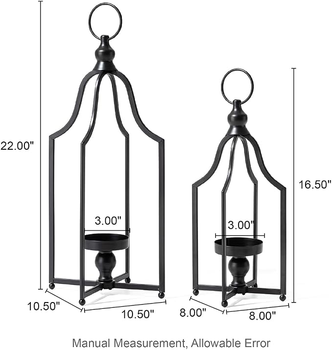 Glitzhome Set of 2 Modern Farmhouse Black Metal Lanterns Decorative Hanging Candle Lanterns for Indoor Outdoor Small&Large (No Glass)