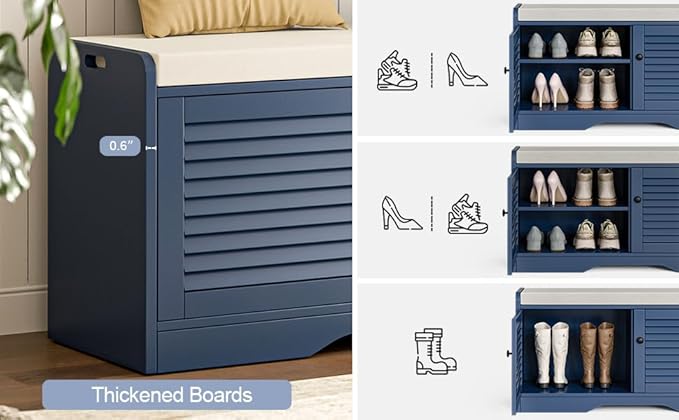 Shoe Storage Bench with Padded Seat Cushion, Classic Louvre Doors Shoe Bench for Entryway, Living Room, Bedroom, 13.7" Dx36.6 Wx18.3 H,Vintage Blue