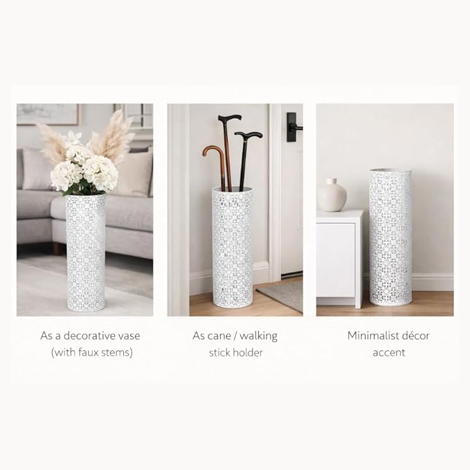 Concepts 8x20 inch Heavy Duty Metal Umbrella Stand - Durable Storage Holder for Umbrellas - Indoor and Outdoor Use - Stylish and Modern Organizer for Entryways. (White Flower Lace)