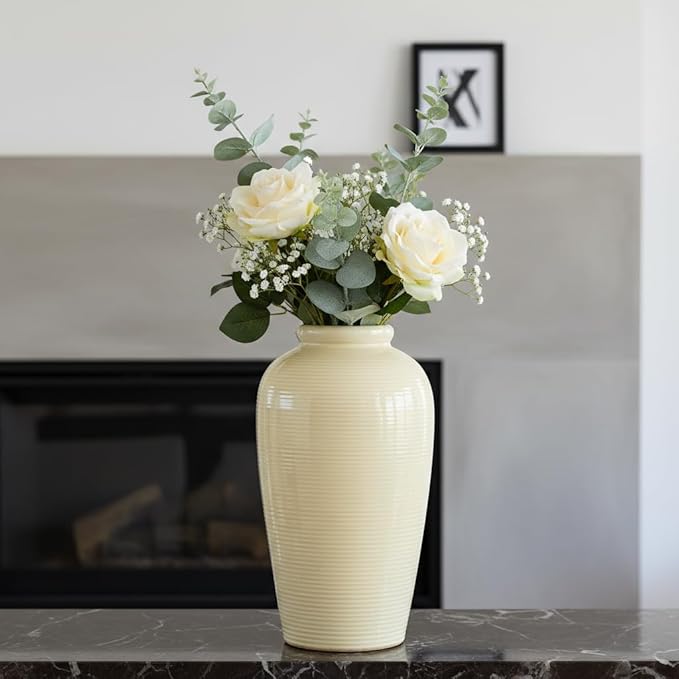 Beige Ceramic Vase for Home Decor - 11 Inch Tall Boho Vases for Flower, Modern Textured Vase for Centerpieces, Pampas Grass, Living Room, Kitchen, Fireplace, Entryway Decor